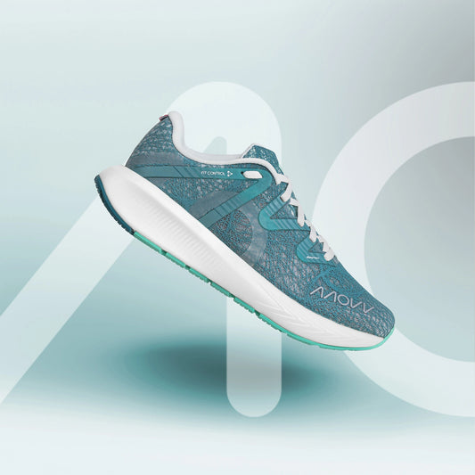Blue MOVV running shoe with white sole on a light gray background