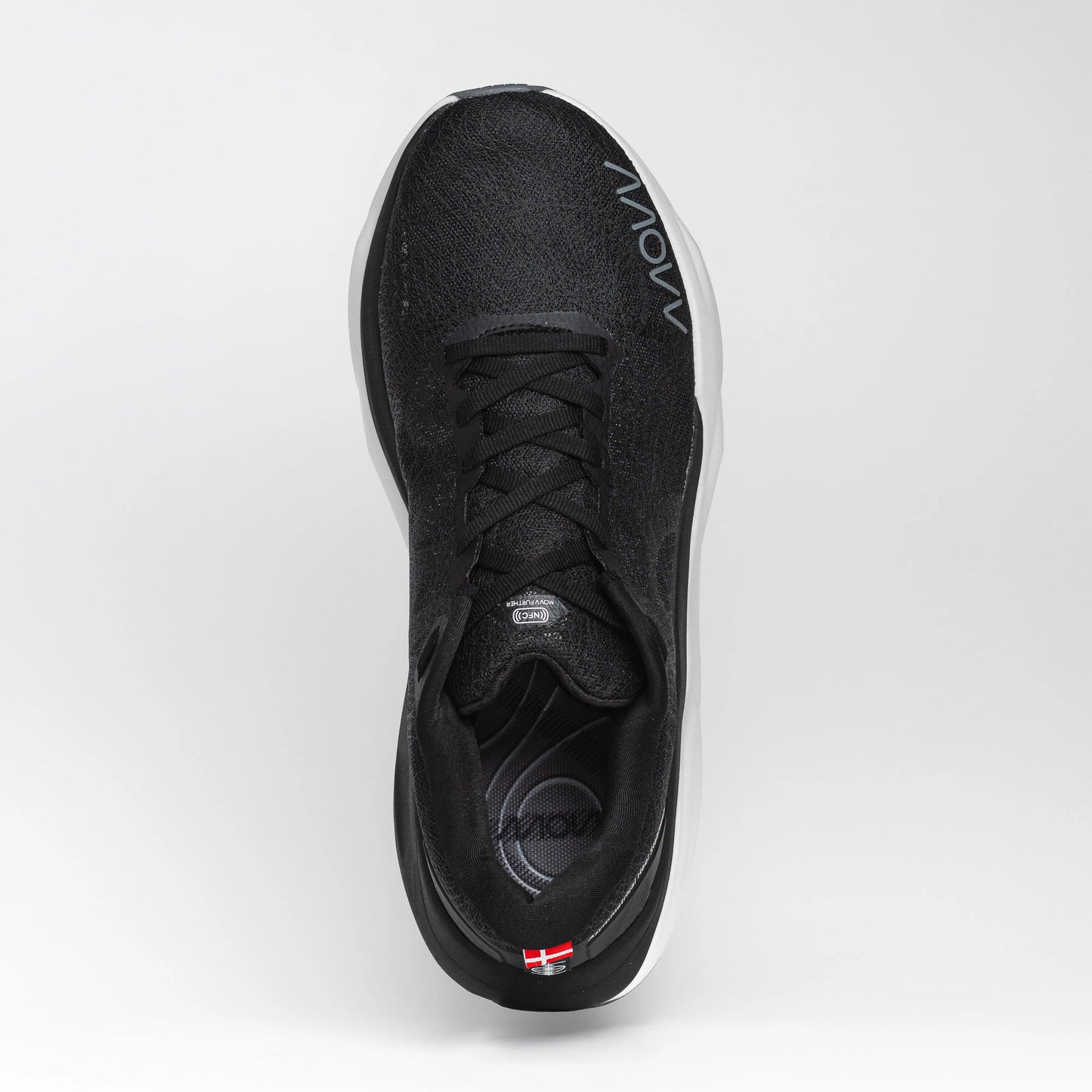 Top view of a black MOVV running shoe with a sleek mesh upper, lace-up closure, and streamlined design.