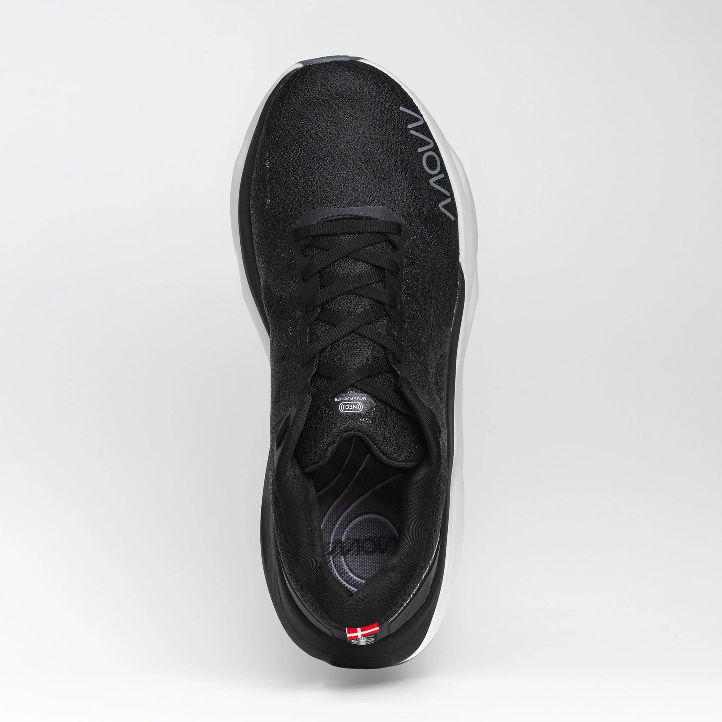 Top view of a black MOVV running shoe with a sleek mesh upper, lace-up closure, and streamlined design.