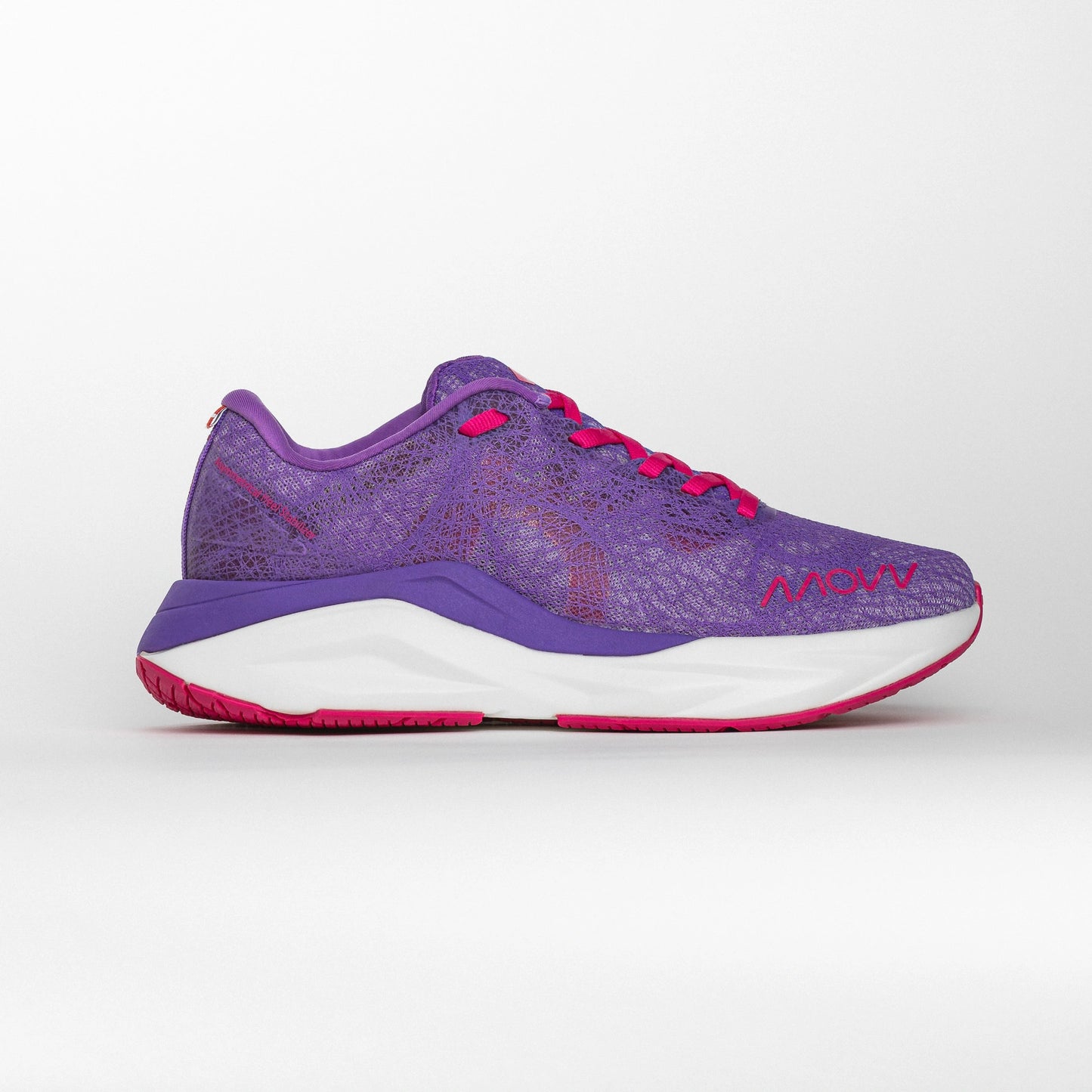 Side profile of a purple and pink MOVV running shoe with a purple midsole and white outsole, featuring the brand logo near the toe and an asymmetric heel stabilizer for support.