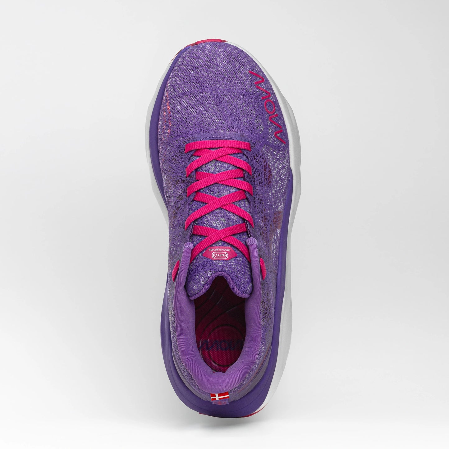 Top view of a purple MOVV running shoe with a sleek mesh upper, pink lace-up closure, and streamlined design.