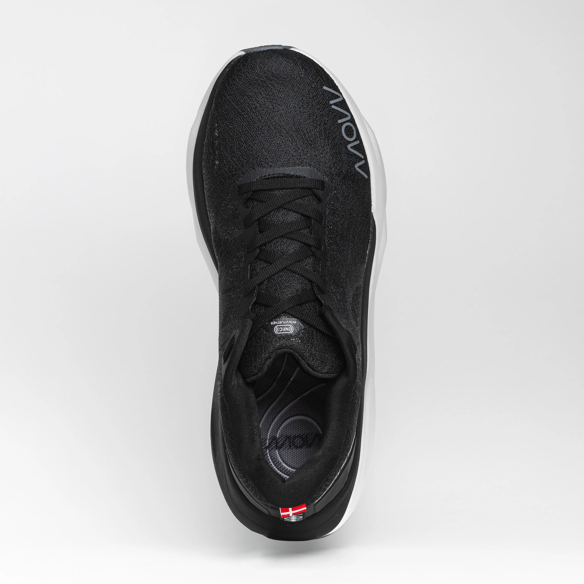 Top view of a black MOVV running shoe with a sleek mesh upper, lace-up closure, and streamlined design.