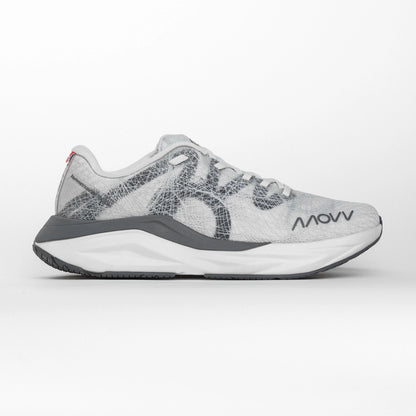 Side profile of a white and grey MOVV running shoe with a grey midsole and grey outsole, featuring the brand logo near the toe and an asymmetric heel stabilizer for support.