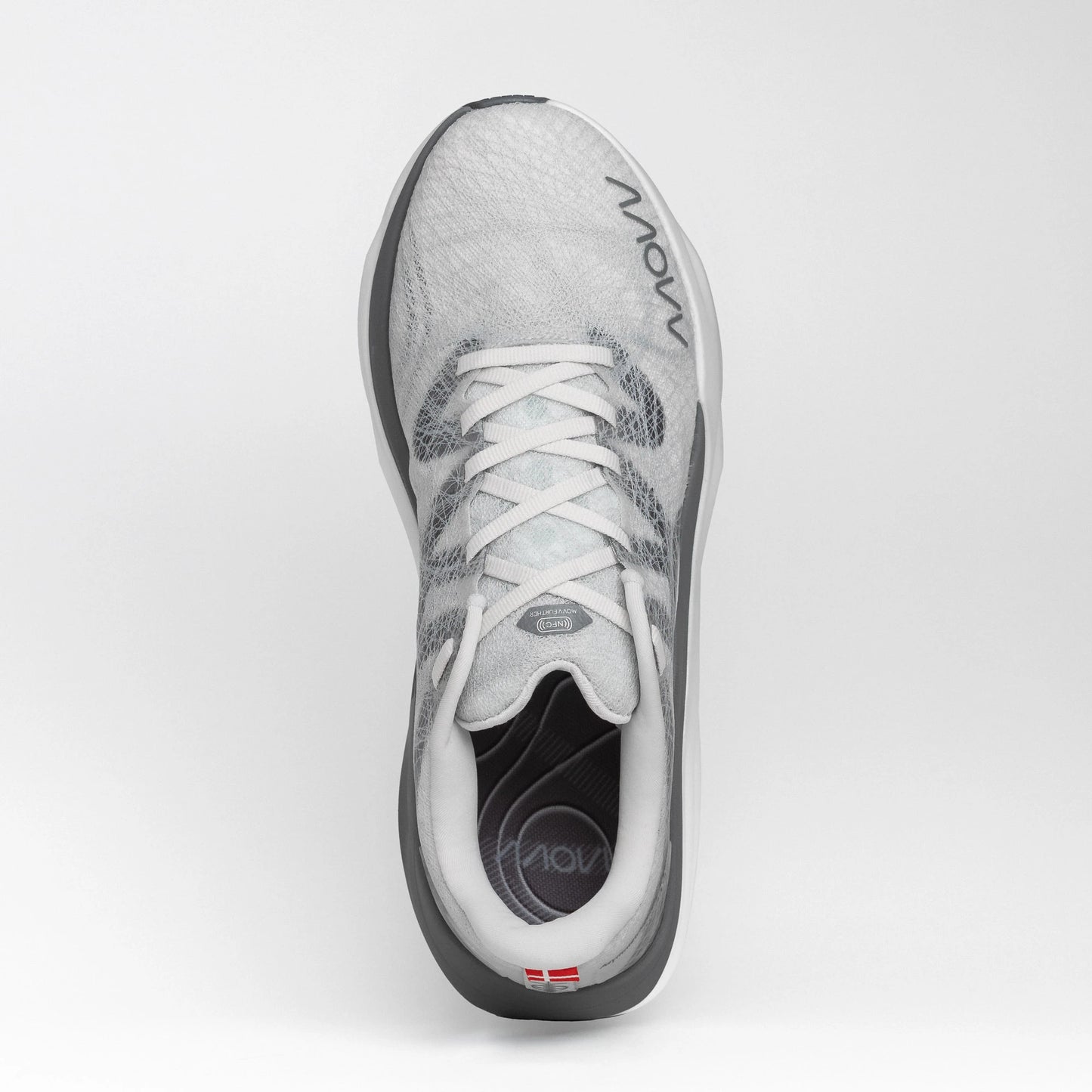 Top view of a white and grey MOVV running shoe with a sleek mesh upper, lace-up closure, and streamlined design.