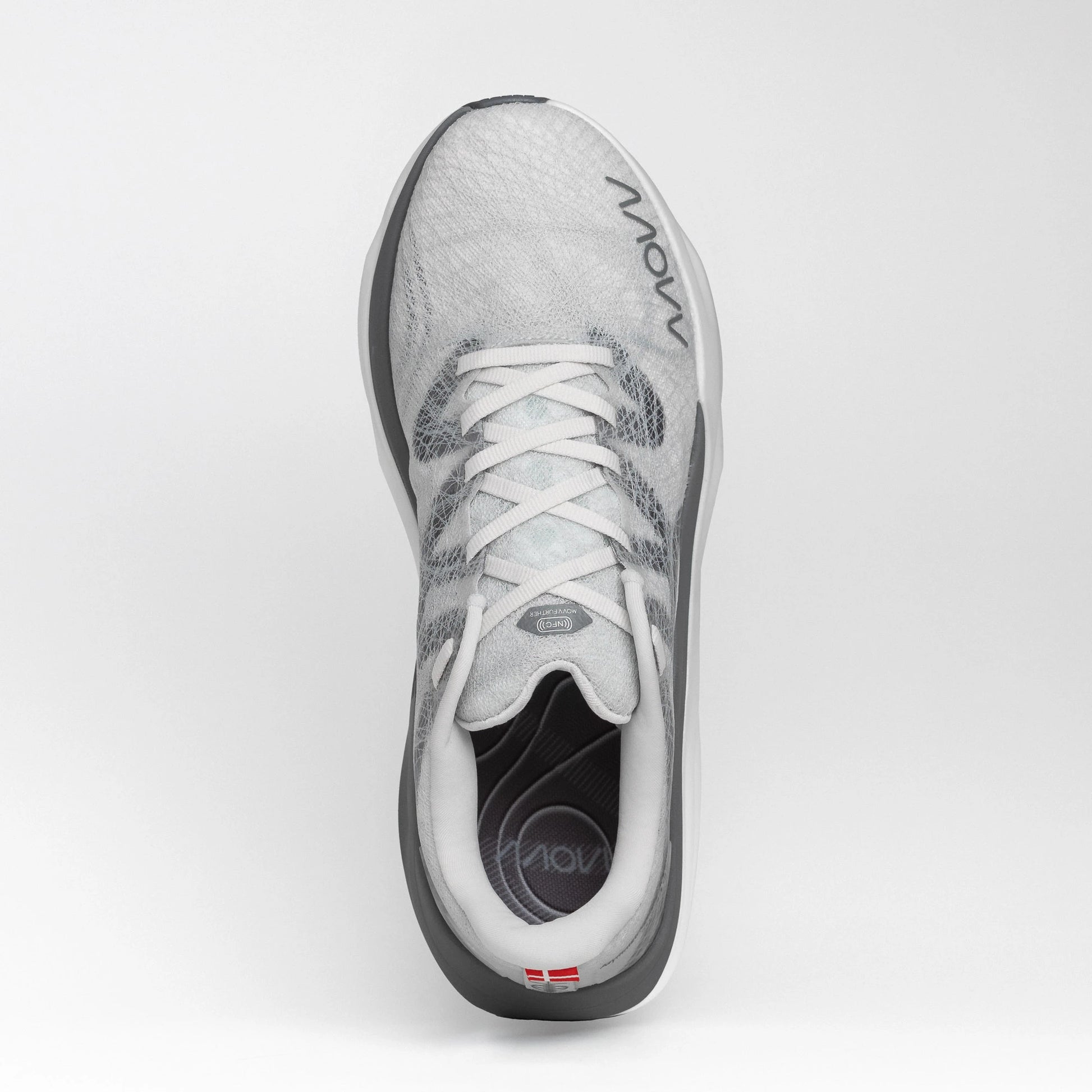 Top view of a white and grey MOVV running shoe with a sleek mesh upper, lace-up closure, and streamlined design.